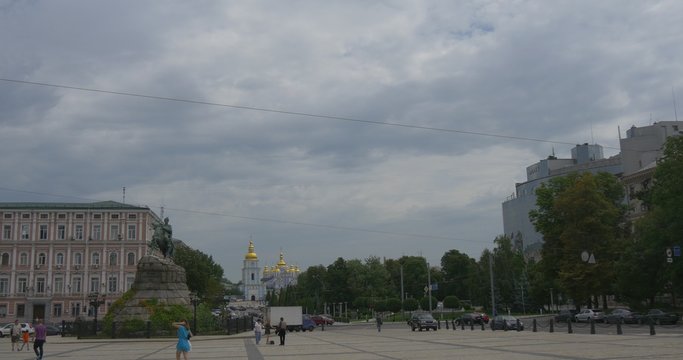 Sofia Square, Kiev, Bell Tower of Sophia Cathedral on a Horizon, Distantly, Monument of Bohdan Khmelnytsky, Zoom In, Pedestal Closeup