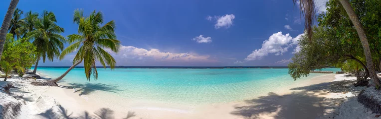 Küchenrückwand glas motiv Panoramafotos Strandpanorama auf den Malediven mit blauem Himmel, Palmen und Türkis