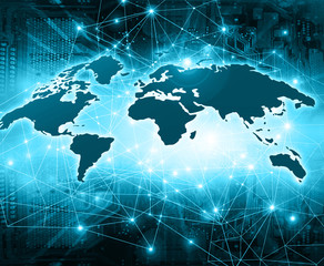 World map on a technological background, glowing lines symbols of the Internet, radio, television, mobile and satellite communications.