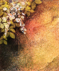 Fototapeta premium Abstract flower watercolor painting. Hand painted White, Yellow and Red Ivy flowers and leaf on wall and wood fence grunge texture background. Spring flower seasonal nature background