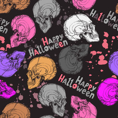 seamless halloween pattern with color skulls, text and blots