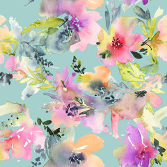Obraz na płótnie Canvas Seamless pattern with flowers watercolor. Gentle colors. 