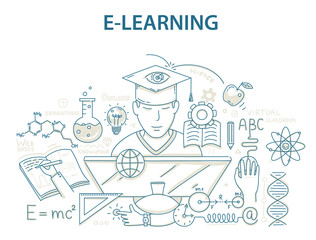 Doodle style design concept of e-learning and online education.