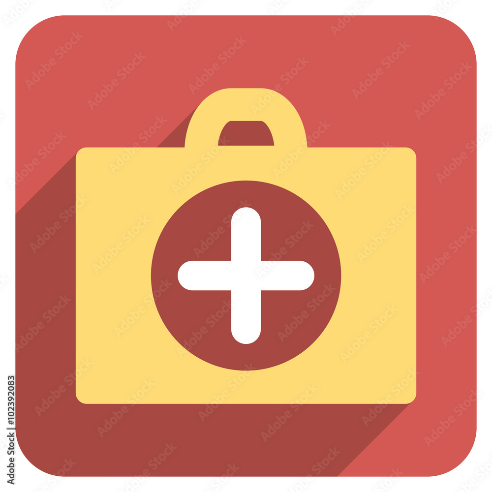 Poster first aid long shadow vector icon. style is a light flat symbol on a red rounded square button.