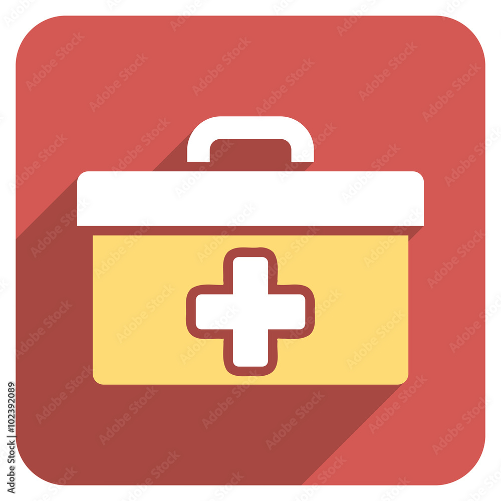 Poster first aid toolbox long shadow vector icon. style is a light flat symbol on a red rounded square butt