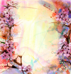 Watercolor Painting Cherry blossoms - Japanese cherry - Pink Sakura floral in soft color over blurred nature background. Spring flower seasonal nature background