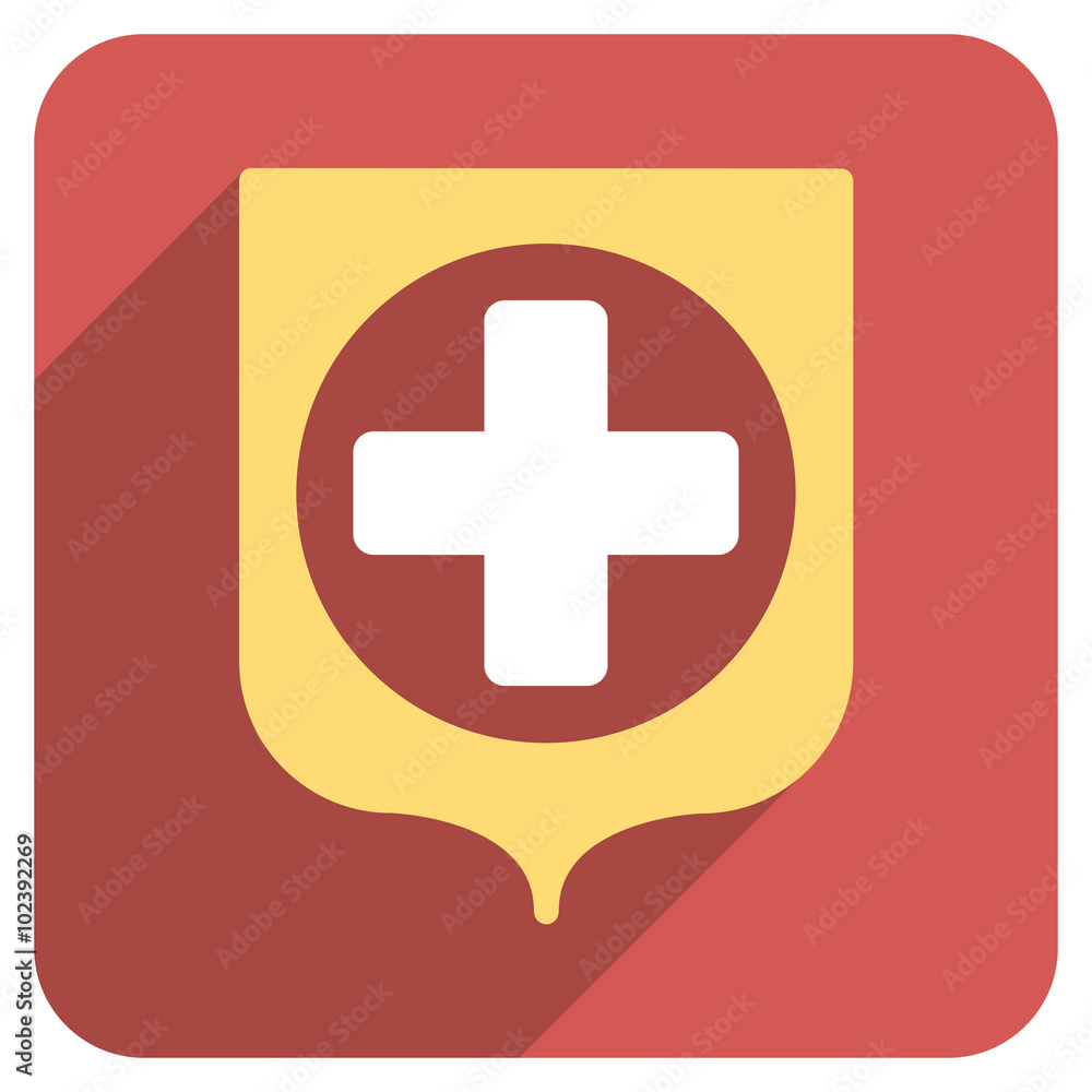 Poster medical shield long shadow vector icon. style is a light flat symbol on a red rounded square button.