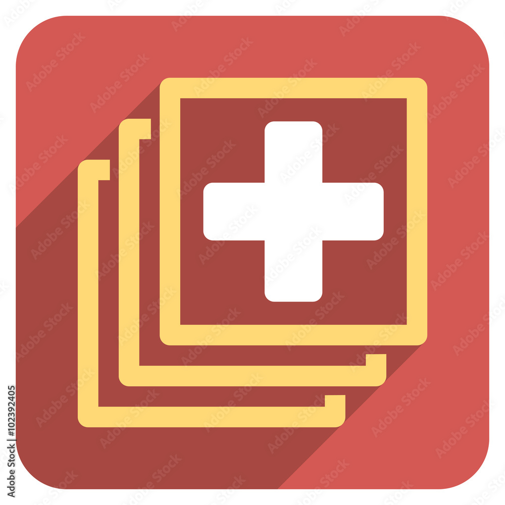 Poster medical docs long shadow vector icon. style is a light flat symbol on a red rounded square button.