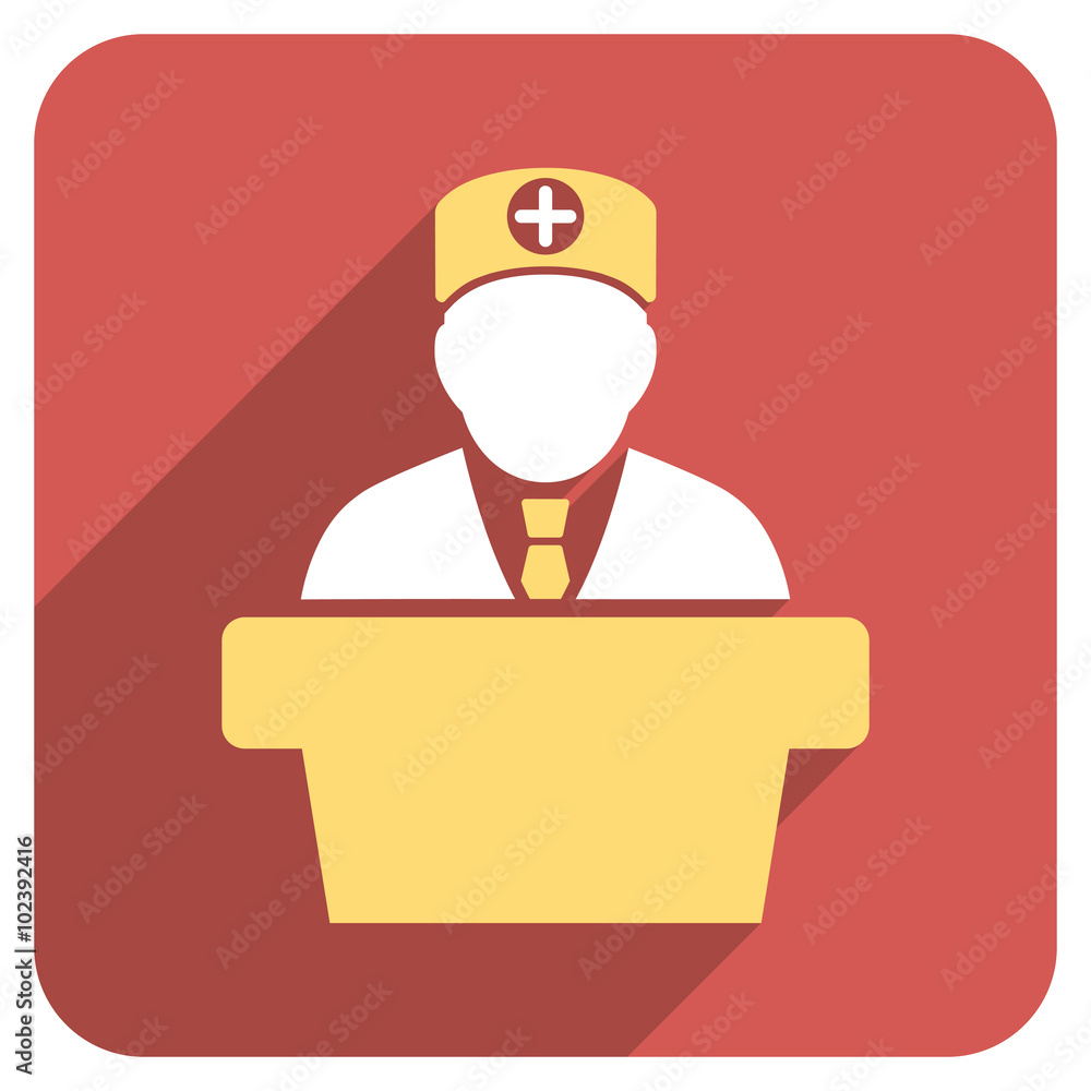 Poster medical official lecture long shadow vector icon. style is a light flat symbol on a red rounded squa
