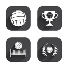 Volleyball and net icons. Winner award cup.