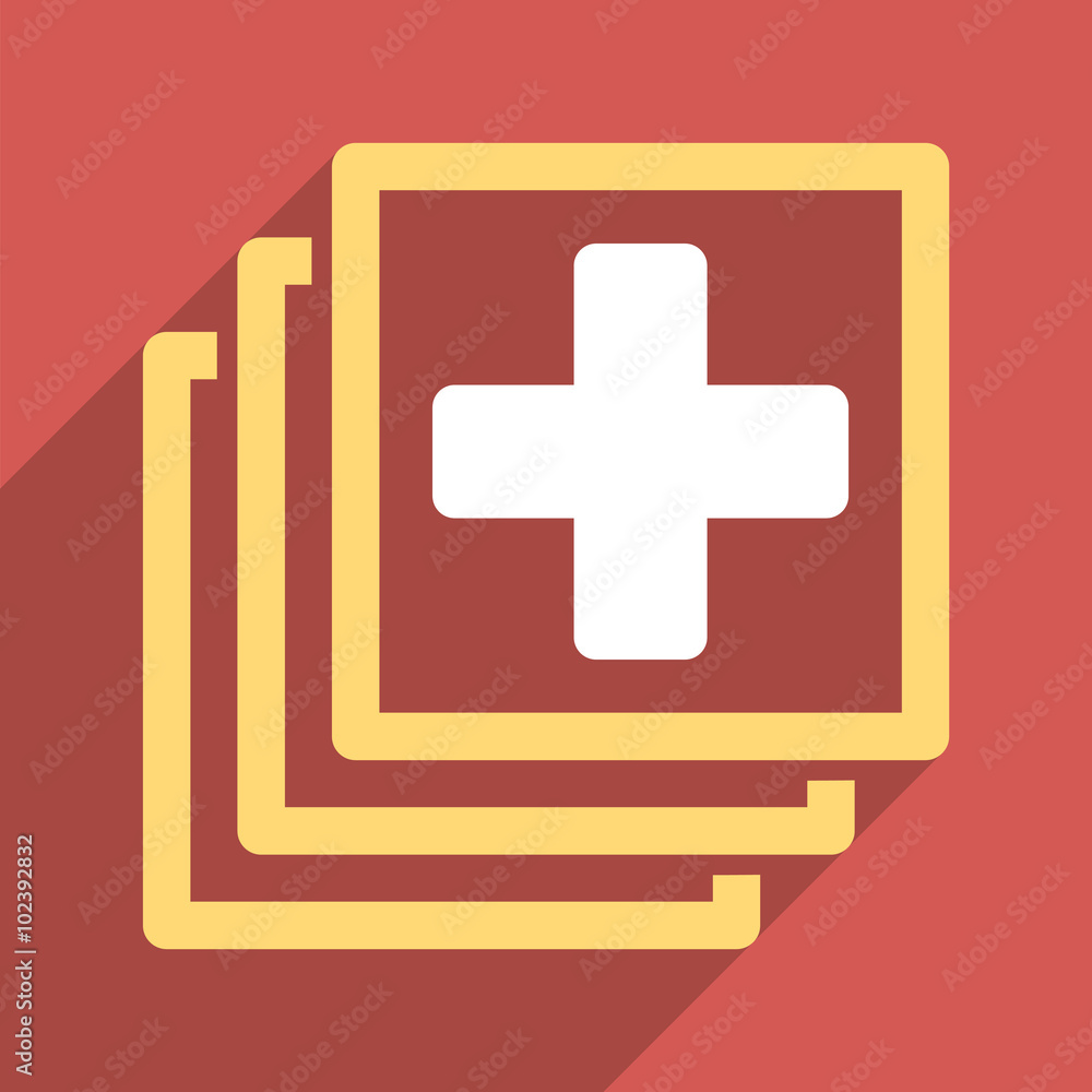 Poster medical docs long shadow vector icon. style is a light flat symbol on a red square button.