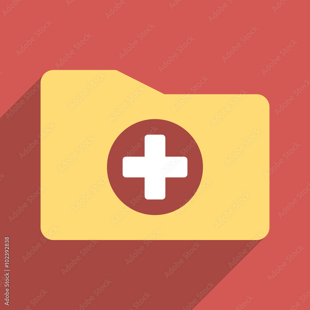 Poster medical folder long shadow vector icon. style is a light flat symbol on a red square button.