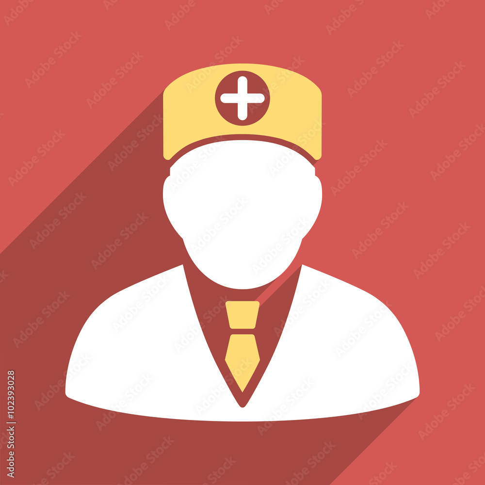 Poster head physician long shadow vector icon. style is a light flat symbol on a red square button.