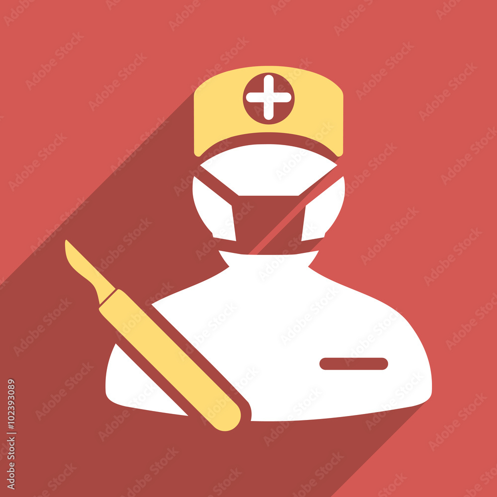 Poster surgeon long shadow vector icon. style is a light flat symbol on a red square button.