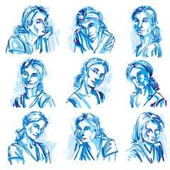 Attractive young ladies vector art portraits collection, blue
