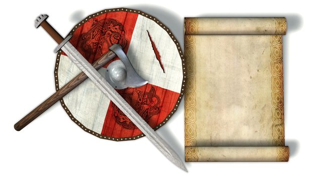 viking shield with sword, axe and parchment scroll  on white