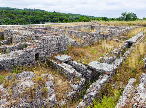 Detail of the Roman Insulae zone with the sewer system visible, in Conimbriga. Conimbriga, in Portugal, is one of the best preserved Roman cities on the west of the empire.