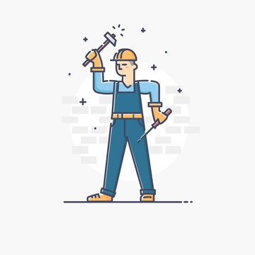 Vector outline business illustration of people profession builde