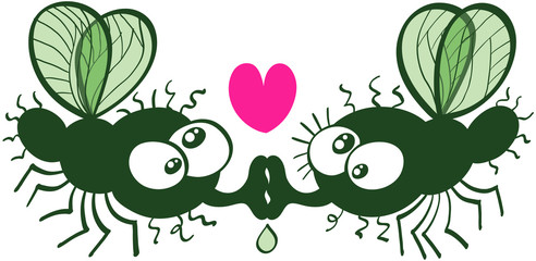 A couple of funny and ugly flies with crossed eyes, small wings and long proboscises having a romantic encounter, kissing, drooling, showing a red heart and falling madly in love