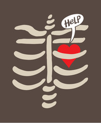 Cartoon red heart feeling in captivity inside the bones of a rib cage, expressing a love pang and asking for help by showing a speech bubble. Dark background