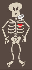 Cartoon red heart feeling in captivity inside the bones of the rib cage of a surprised skeleton, expressing a love pang and asking for help by showing a speech bubble. Dark background