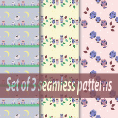 Set of three seamless patterns with an owls. Flat, for children