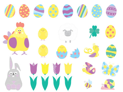 Easter elements collection of flat icons with easter eggs, cute bunny, sheep, tulip, chick / vectors set for children