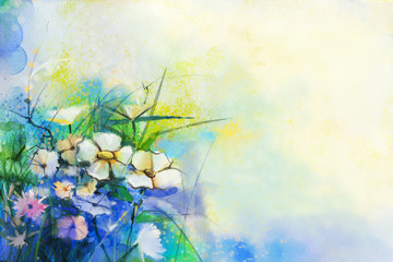 Abstract flower watercolor painting. Hand paint White and soft Yellow, Pink, Red color of meadow flowers in soft color on blue, green color background. Spring floral, Wild flowers seasonal nature