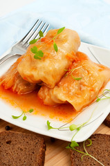 Cabbage rolls on a white plate