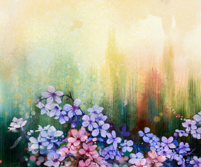 Fototapeta premium Watercolor Painting Cherry blossoms - Japanese cherry - Pink Sakura floral in soft color over blurred nature background. Spring flower seasonal nature background