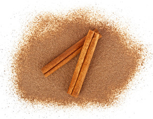 Cinnamon sticks with powder isolated on white background