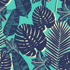  Tropical Palm seamless leaf blue pattern © peotll