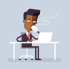 Handsome black man in formal suit is sitting at the desk with a laptop and drinking hot beverage. Cartoon character - businessman. Stock vector illustration in flat design.