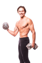 Fototapeta na wymiar Muscular male athlete is training by lifting dumbbells