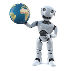 3d Robot holds the world in his hands