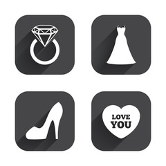 Wedding dress icon. Women's shoe symbol.