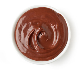 Chocolate cream in round dish isolated on white background