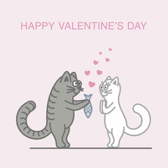 Cute vector illustration of couple in love cats: he gives a fish to her for valentine's day. 

