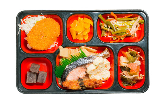 Japan Food set of salmon grilled and other in a box.