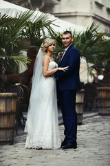 Naklejka premium Romantic newlywed couple hugging near exotic restaurant