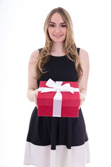 portrait of beautiful young woman in black dress with gift box i