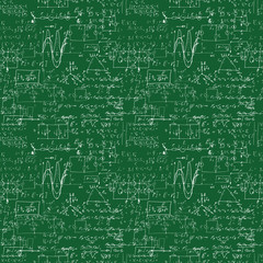 Seamless pattern of mathematical operation and equation, endless arithmetic pattern on seamless green chalk boards. Handwritten calculations. Geometry, math, physics, electronic engineering subjects.