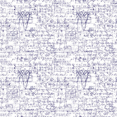 Math seamless pattern with handwriting of various operations and step by step solutions. Geometry, math, physics, electronic engineering subjects. Lectures. Lessons record. Blue pen ink.