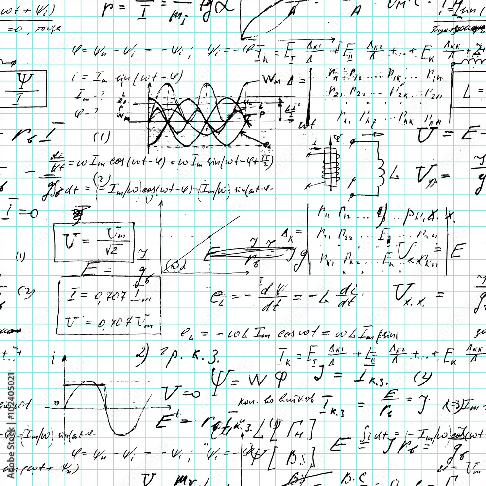 Poster math seamless pattern handwritten on a grid copybook paper, various operations and step by step solu