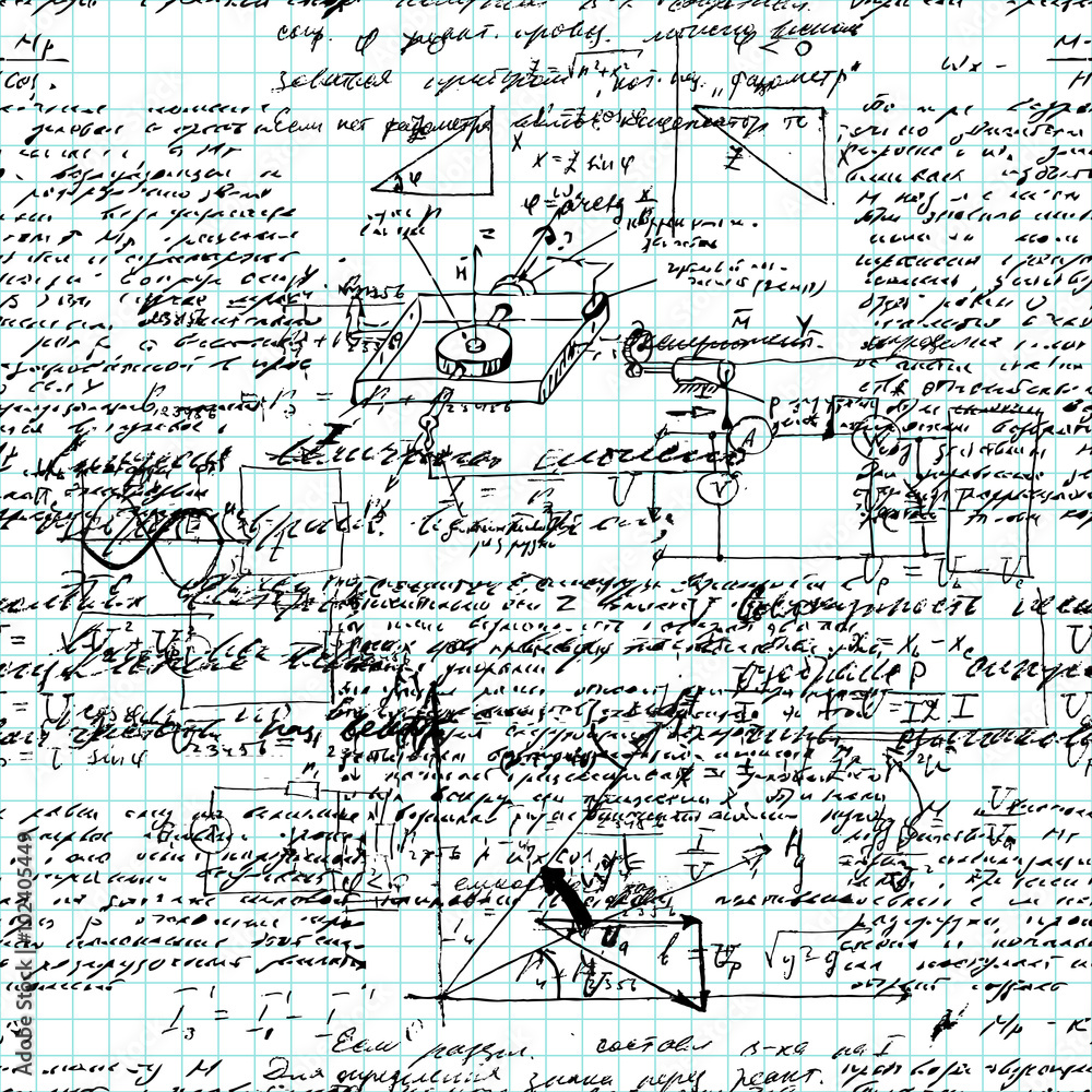 Poster math seamless pattern handwritten on a grid copybook paper, various operations and step by step solu
