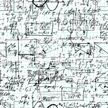 Seamless pattern of mathematical operation and equation, endless arithmetic pattern on endless copybook paper sheet. Handwritten lesson. Geometry, math, physics, electronic engineering subjects.