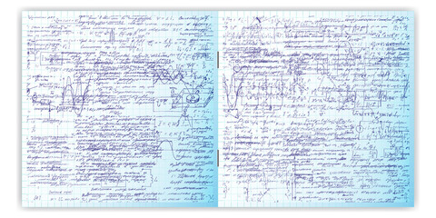 Obraz premium Set of vector seamless pattern with real hand written text on copybook grid paper. Two pages of lectures archives, science, geometry, math, physics, electronic engineering . Open exercise book.