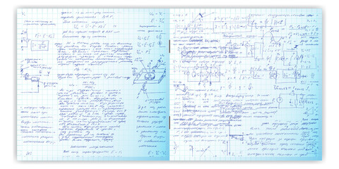 Handwriting written text. Calligraphy text on a grid copybook paper. Open exercise book. Archives, science, geometry, math, physics, electronic engineering subjects. Natural writing style.