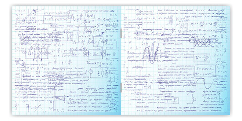 Pattern, handwriting text. Calligraphy text on a grid copybook paper. Open exercise book. Archives, science, geometry, math, physics, electronic engineering subjects. Natural writing style.
