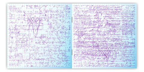 Hand written handwriting text. Calligraphy text on a grid copybook paper. Open exercise book. Archives, science, geometry, math, physics, electronic engineering subjects. Natural writing style.